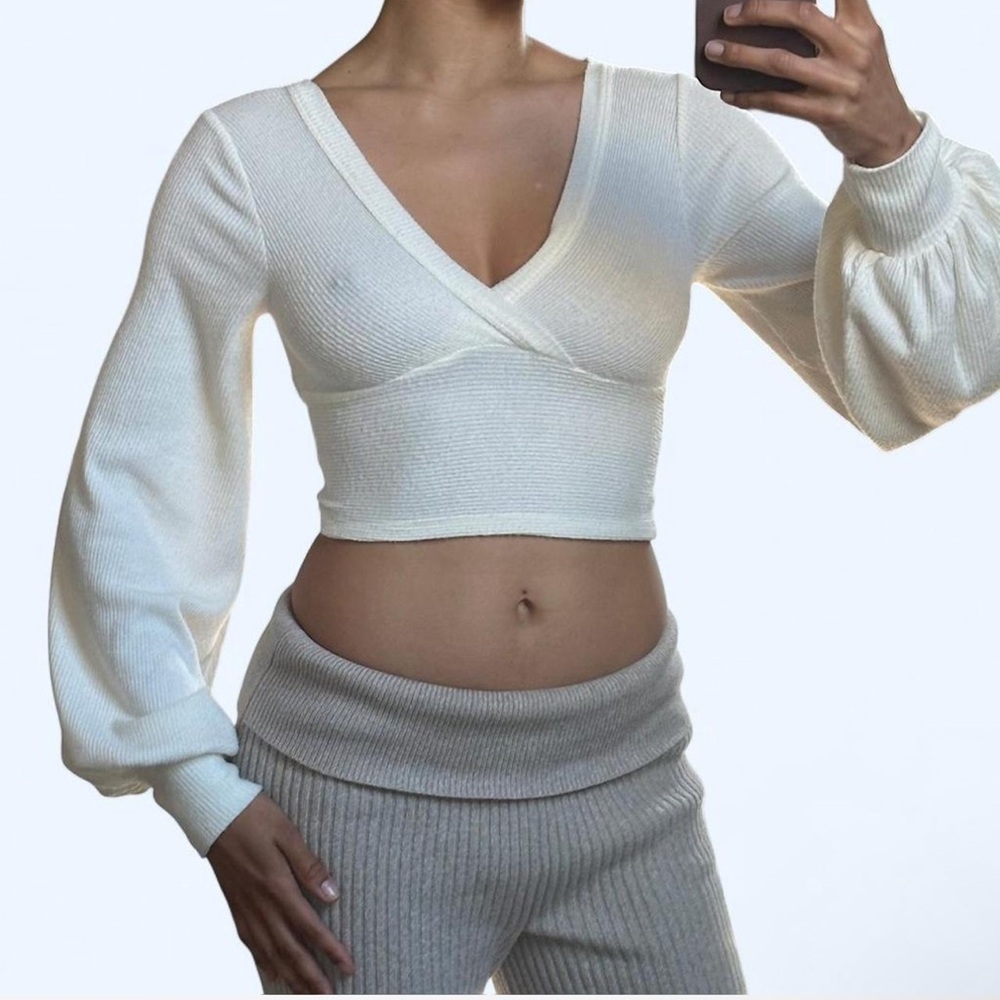Urban Outfitters Ivory Cropped Wrap-Front Knit Top